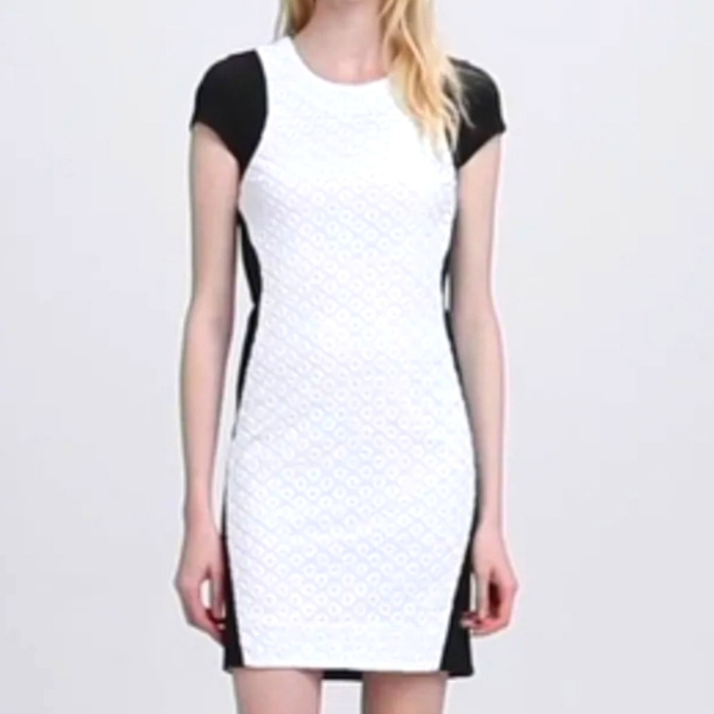 DIANE VON FURSTENBURG Pele Dress White Eyelet Lace Black Ponte Bodycon Office